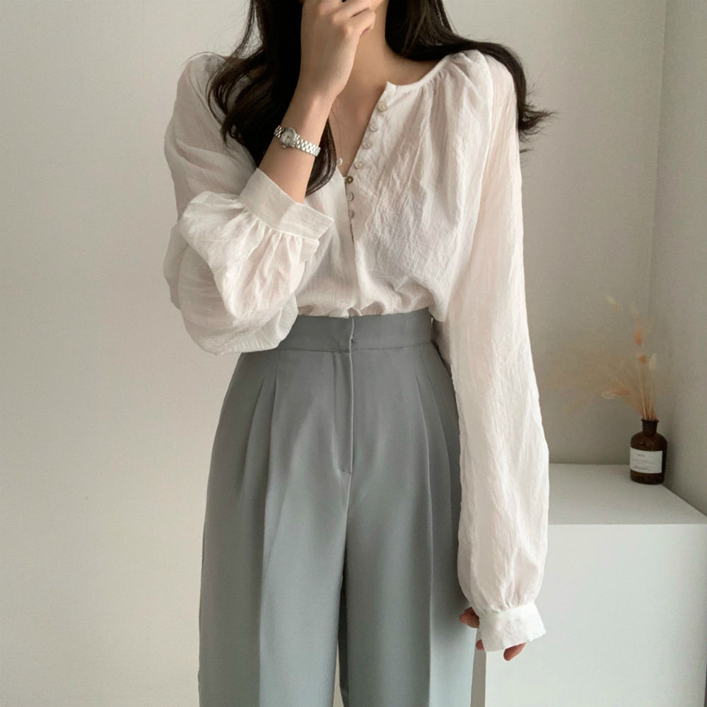 Korean Chic French minority long sleeved top retro Hong Kong style simple gas loose thin versatile blouse women