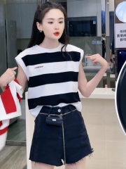 2022 summer new style design versatile contrast striped sleeveless sweater women's loose and versatile thin top fashion