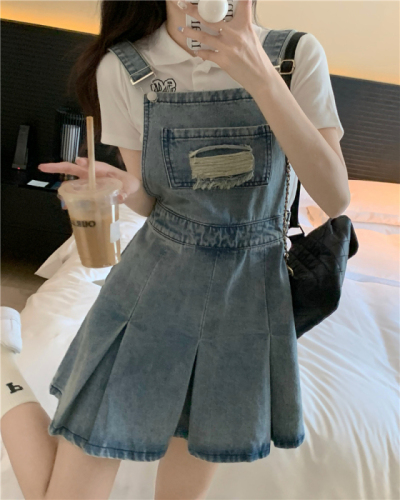 Real shooting and real price summer aging waist closing washing worn pleated denim strap skirt