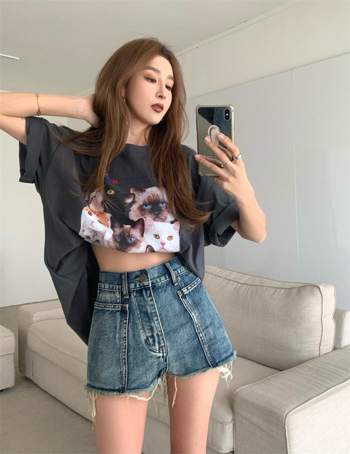 Real Price vintage high waist large pocket versatile denim shorts