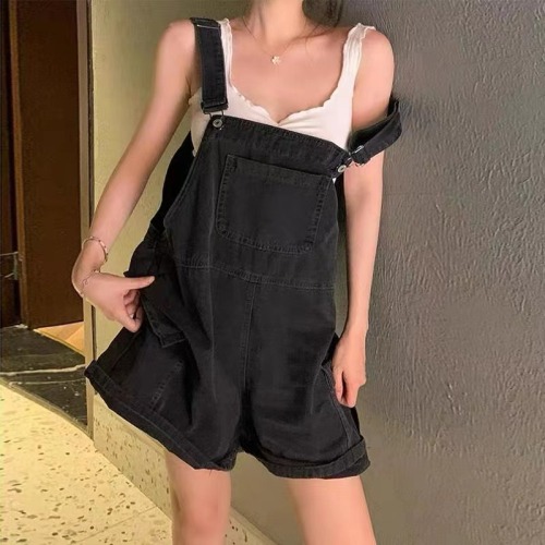 Non real shooting summer cool and cute denim suspenders women's loose one-piece wide leg pants trend