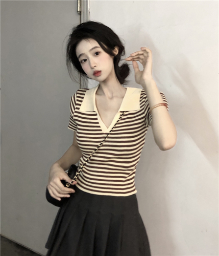 Real shot striped T-shirt women's summer polo collar short sleeve short high waist navel exposed knitted Spice Girl Top