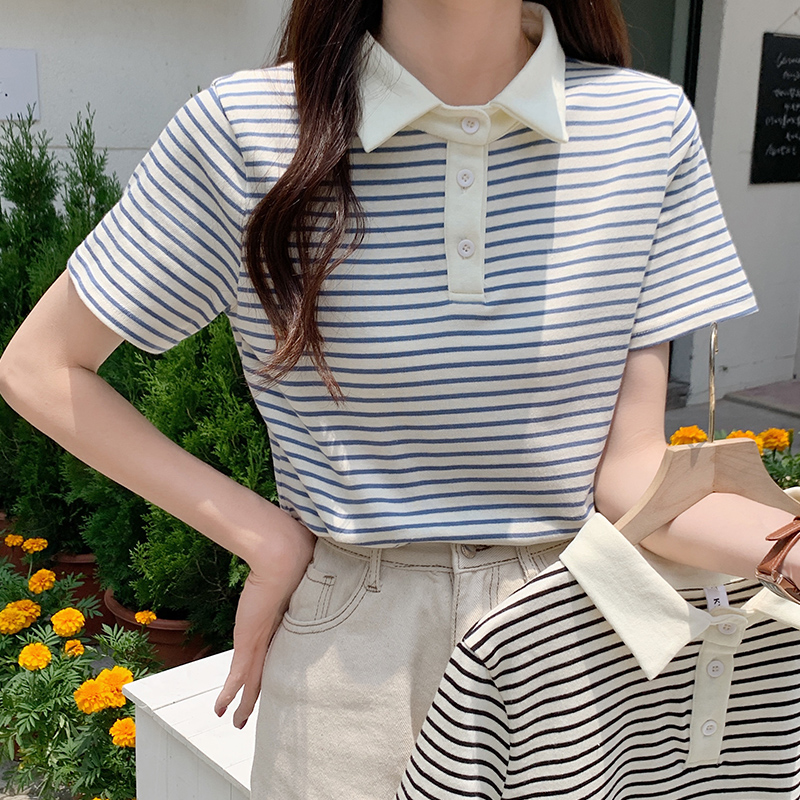 Real shooting 100% cotton yarn dyed stripe straight shoulder stripe short sleeve T-shirt women's summer design polo shirt