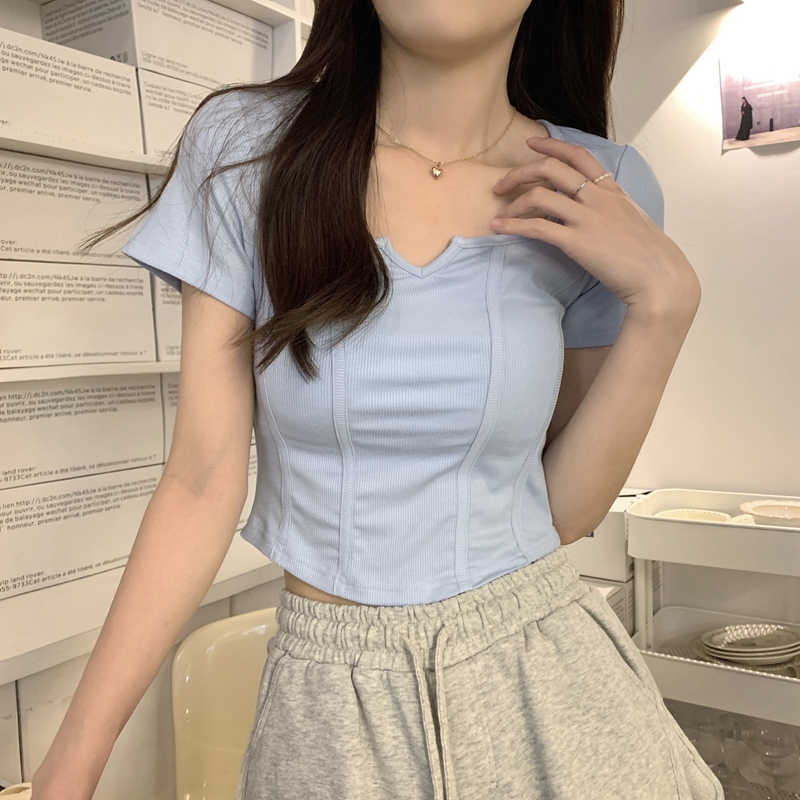 Real shooting and real price new Korean slim square collar design sense short sweet spicy Short Sleeve T-Shirt Top