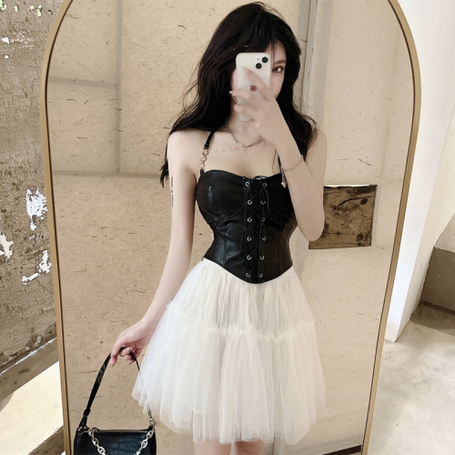 Real time fashion Black PU leather waist strap Strapless neck suspender vest spring and summer new Spice Girls Sexy Top