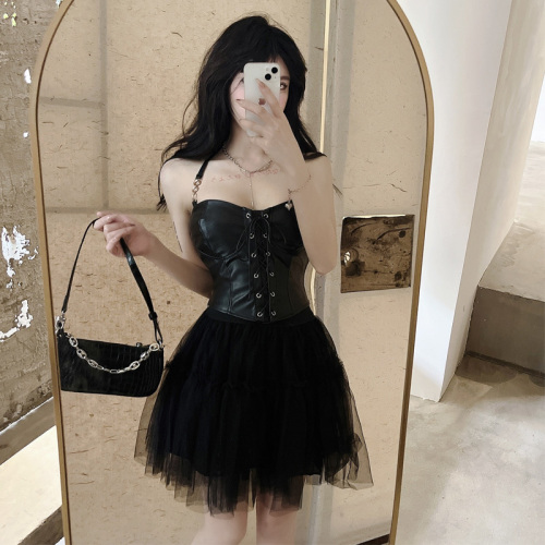 Real time fashion Black PU leather waist strap Strapless neck suspender vest spring and summer new Spice Girls Sexy Top