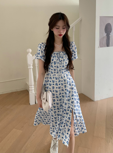 Real shooting French temperament square neck floral dress women's summer harvest waist thin sexy off shoulder split dress