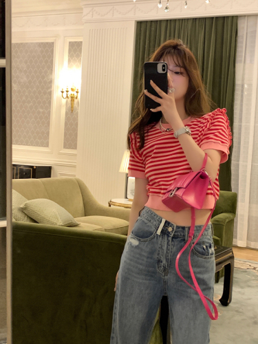 Pearl Krabs Knitted Short-sleeved T-shirt Women's Loose Striped Jacket Design Sense Minor Short T-shirt Summer  New