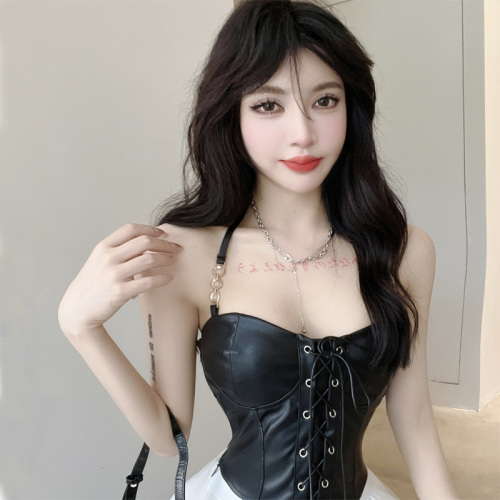 Real time fashion Black PU leather waist strap Strapless neck suspender vest spring and summer new Spice Girls Sexy Top