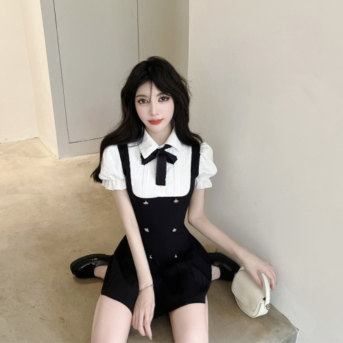 Real photo of fake two piece bubble sleeve dress women's summer new Korean version waist closing temperament pleated skirt short skirt