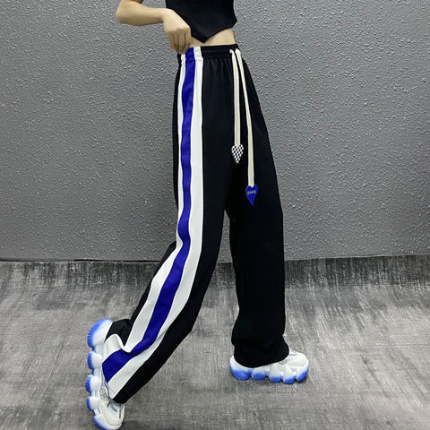 Side bar stitching striped straight pants women's 2022 summer new elastic waist lace-up love casual pants