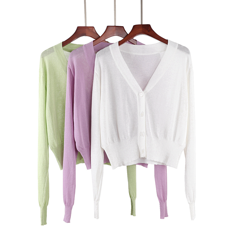 V-neck thin knitted cardigan top women summer gentle sweet loose short long sleeve sunscreen sweater coat