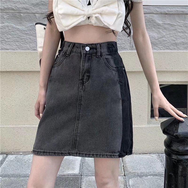2022 denim skirt women's summer new high waist hip slimming skirt design contrast A- line skirt