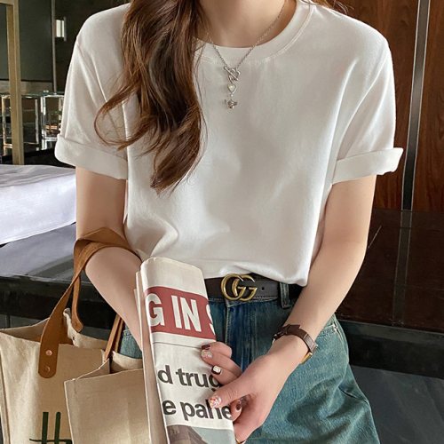 Loose cotton T-shirt women's short sleeve 2022 new Joker crew neck bottoming shirt with solid color shirt half sleeve jacket