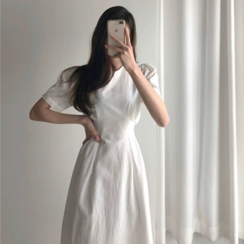 Summer South Korea chic French Small Skinny Solid Color Lace-Up Waist Bubble Sleeve Dress Long Dress Female