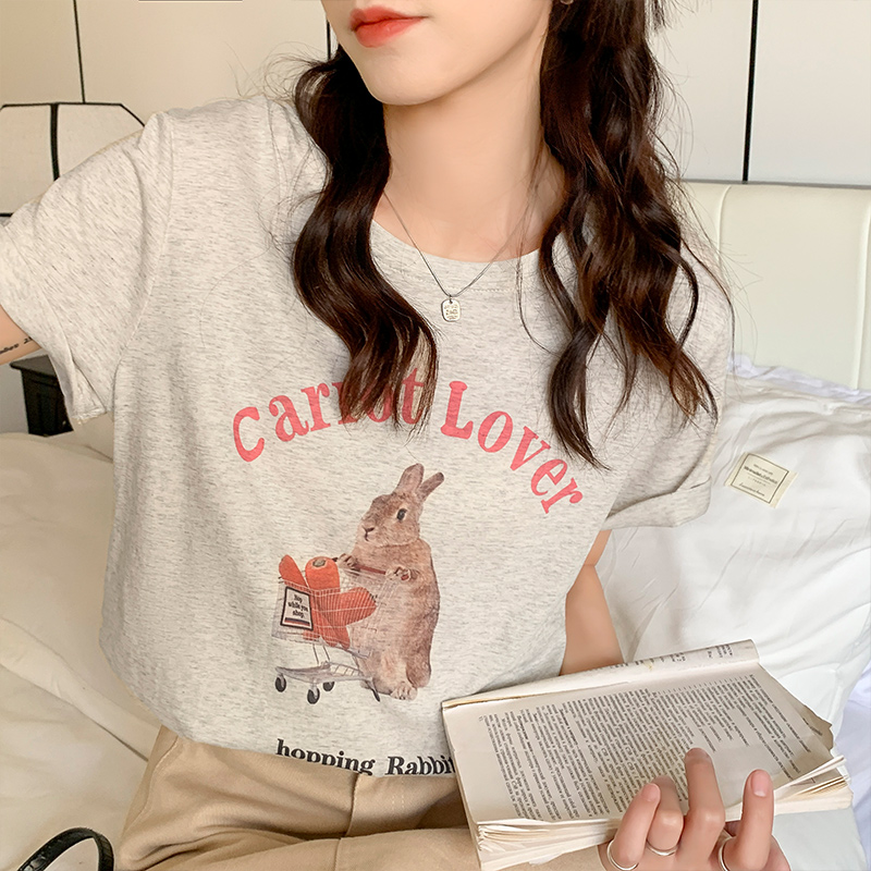 Real price gray short sleeve T-shirt female Korean version of loose summer cartoon printing cotton half sleeve thin coat tide