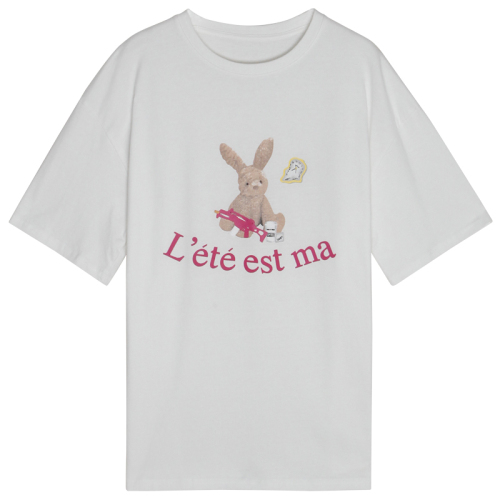 Wu 77 age-reducing rabbit printed short sleeve T-shirt women's loose foundation bai round neck small cotton jacket 
