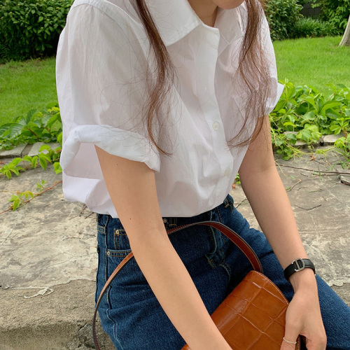 2022 Korean version of loose summer white shirt women's French cotton breathable short sleeve retro academic style half sleeve shirt