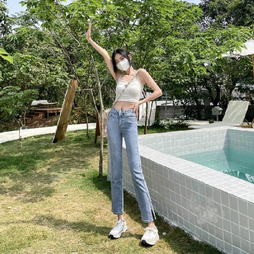 South Korea Dongdaemun Open Fork Straight Jeans Women's Spring and Summer High Waist Stretch Skinny Joker Straight Pants
