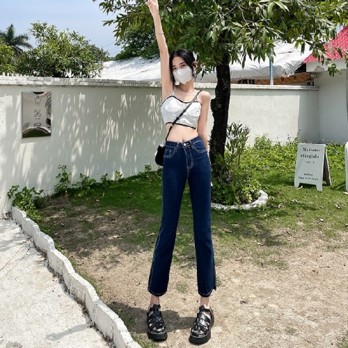 South Korea Dongdaemun Open Fork Straight Jeans Women's Spring and Summer High Waist Stretch Skinny Joker Straight Pants