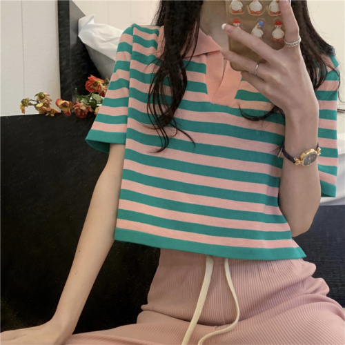 Real price summer new striped Polo collar sweater short sleeve jacket