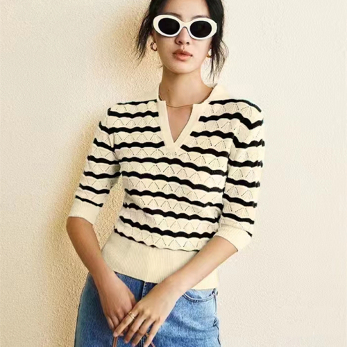 French Small Fresh Contrast POLO Neck Wave Stripe Hollow V-Neck Knitted Jacket Short Sleeve