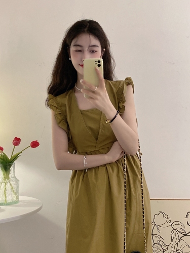 Real price Korean version of chic flying sleeve blouse loose condole belt dress two-piece female