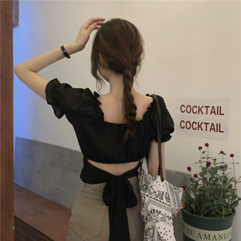 Real price black bubble sleeve chiffon shirt design short floral back lace-up jacket