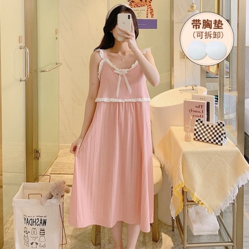Real shot  summer solid color condole belt knitted cotton sexy nightgown women's belt chest pad