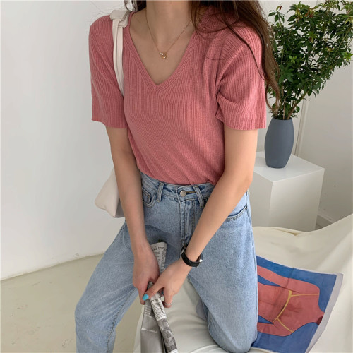 V-neck Joker Short Sleeve T-shirt Thin  Summer New Korean chic Knitted Backing Shirt Jacket Women