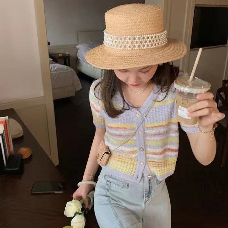 Miss Chipmunk Annecy Love Letter Knitted Thin Short Sleeve Jacket Women's V-Collar Cardigan Tender to Wear