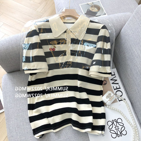 Official figure real price cotton 2022 new short sleeve T-shirt women POLO collar stripe embroidery