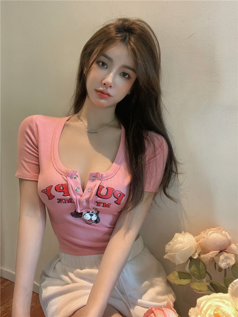 Real price real shot summer letter printed U-neck short sleeve T-shirt women's short slim Joker T-shirt bottoming coat