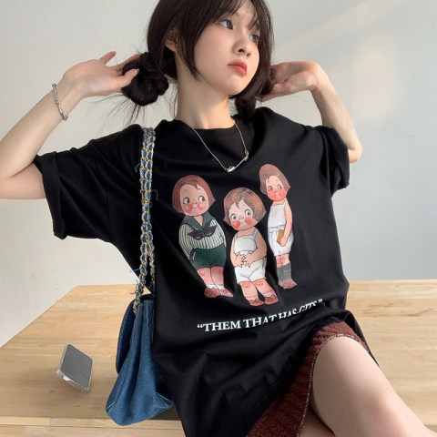 Official cotton Korean version of printed short sleeve T-shirt loose coat summer 2022 new women's tide