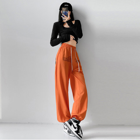 2022 new street rose printed loose sports pants women's slim casual pants high waist drawstring leggings