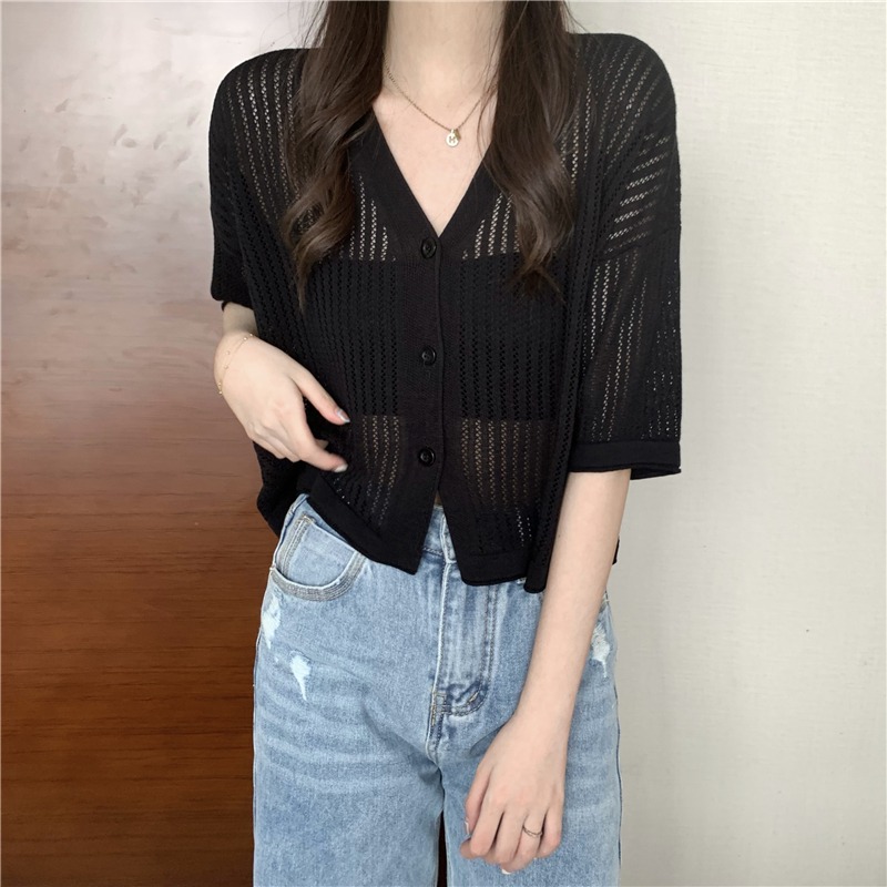 V-neck hollow cardigan coat women's sweater thin summer 2022 new Korean version of Joker short sleeve sunscreen coat