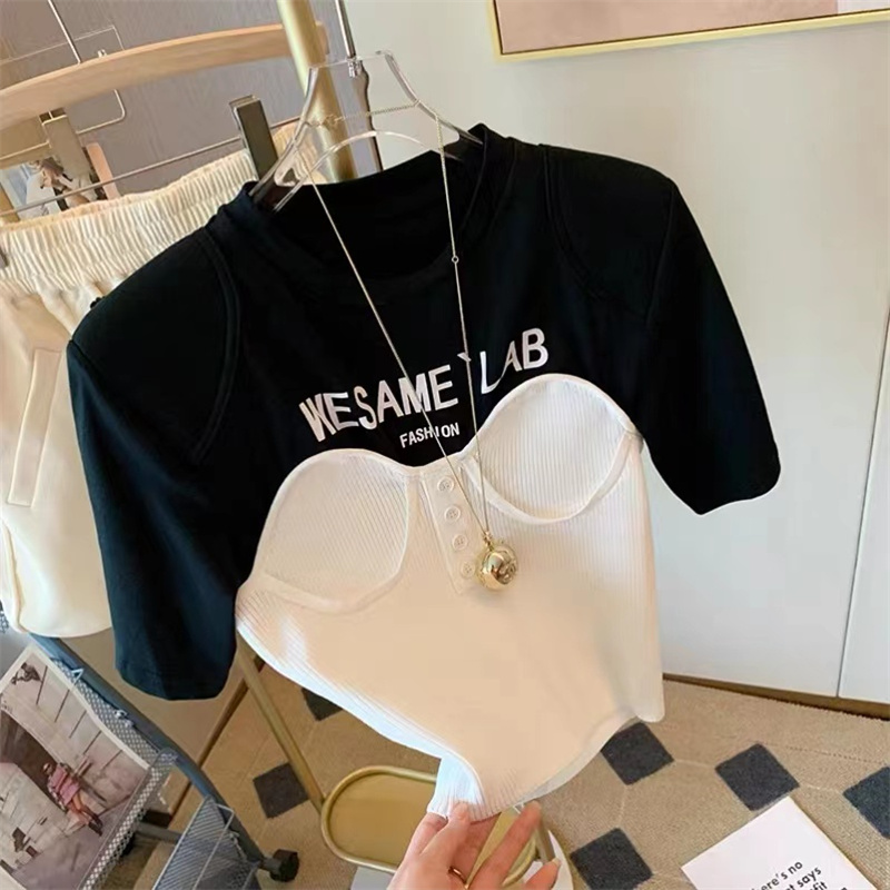 2022 summer new black and white contrast shoulder pad fake two strapless letter T-shirt women's short slim short sleeve jacket
