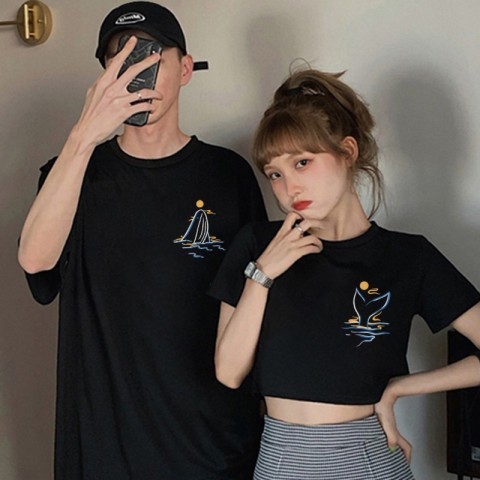 Couple outfit printed short sleeve T-shirt female ins tide summer 2022 new design sense niche coat student male and female