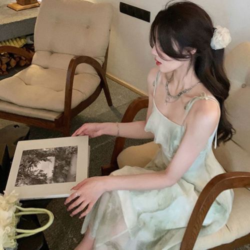 Plum ripe suspender long skirt fairy flounce printed chiffon skirt children summer sleeveless dress  new