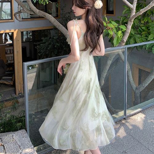 Plum ripe suspender long skirt fairy flounce printed chiffon skirt children summer sleeveless dress  new