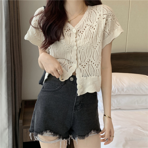 Summer dress foreign style short sleeve cardigan top hollow thin sweater coat women