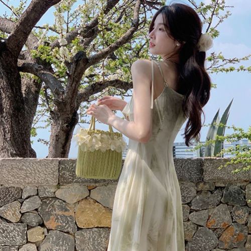 Plum ripe suspender long skirt fairy flounce printed chiffon skirt children summer sleeveless dress  new