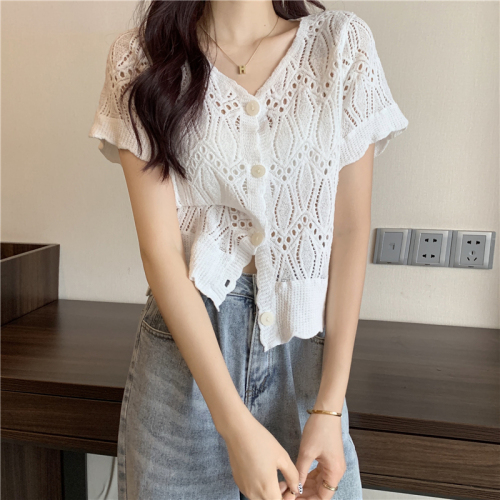 Summer dress foreign style short sleeve cardigan top hollow thin sweater coat women