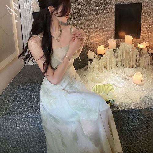 Plum ripe suspender long skirt fairy flounce printed chiffon skirt children summer sleeveless dress  new