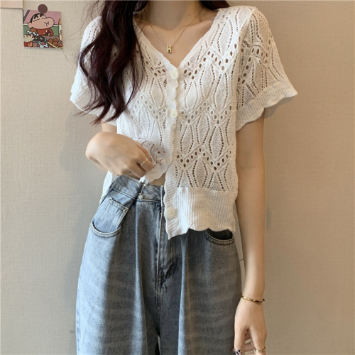 Summer dress foreign style short sleeve cardigan top hollow thin sweater coat women