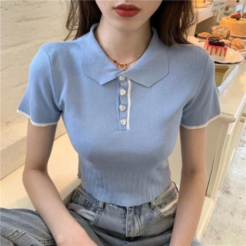  summer new French niche love buttons slim short POLO collar short sleeve knitted T-shirt female student