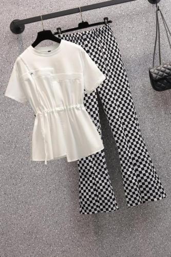 Real shot 2022 summer new slightly fat sister fashion casual suit design sense belly cover slim shirt wide leg pants