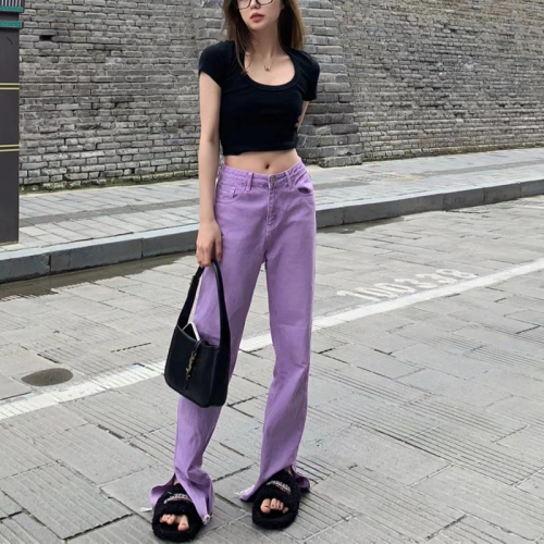 Light purple split micro horn jeans children summer slim high waist straight tube lengthened color mop pants ins