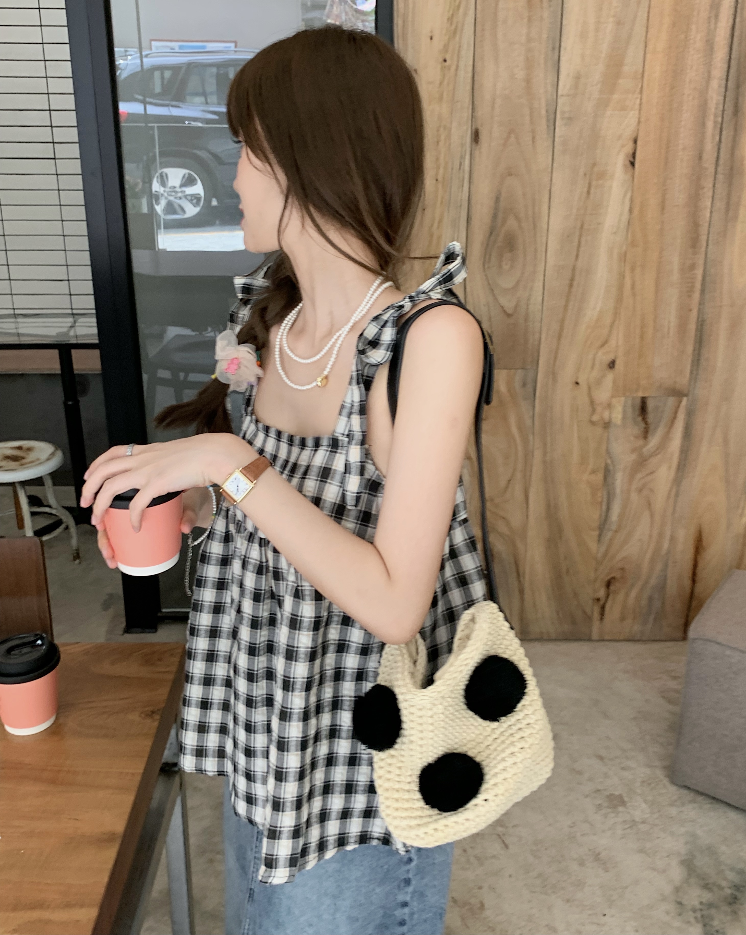 Real shot retro sweet girl lace-up check doll shirt suspender top