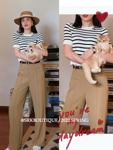 SRK Short Sleeve Small Fragrant Wind Stripe Knitted Shirt Women's Summer Thin 2022 New Design Slim Fit French Jacket